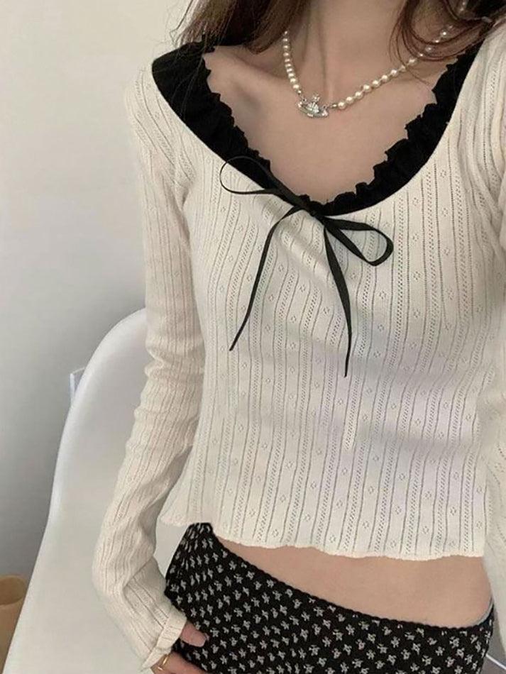 Long Sleeve Mock Two Piece Bow Accent Crop Top
