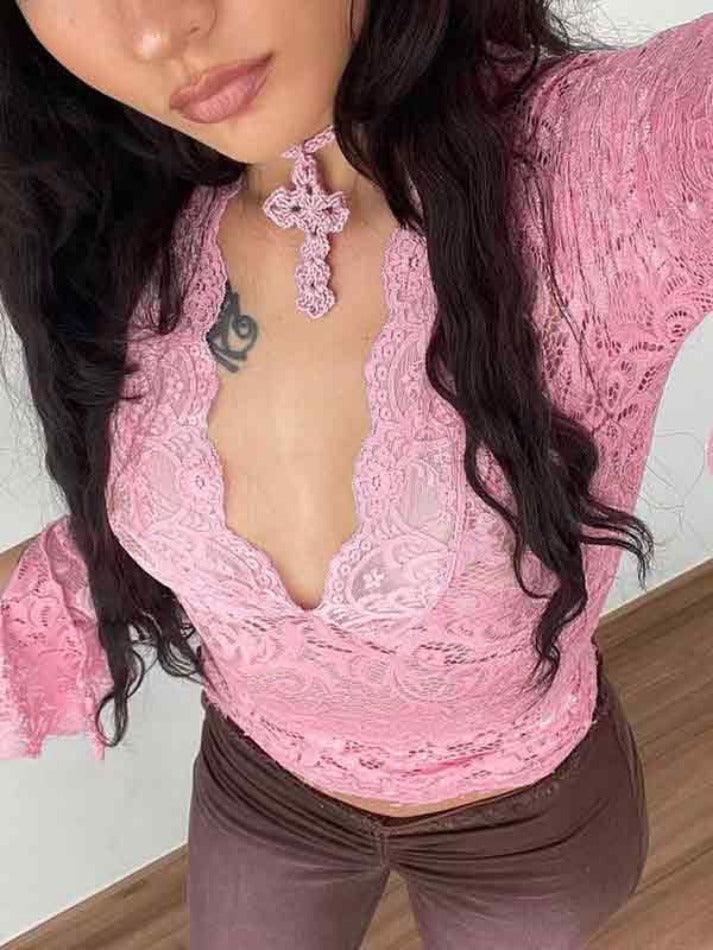 Lace V Neck Slim Flare Design Long Sleeve Shirt