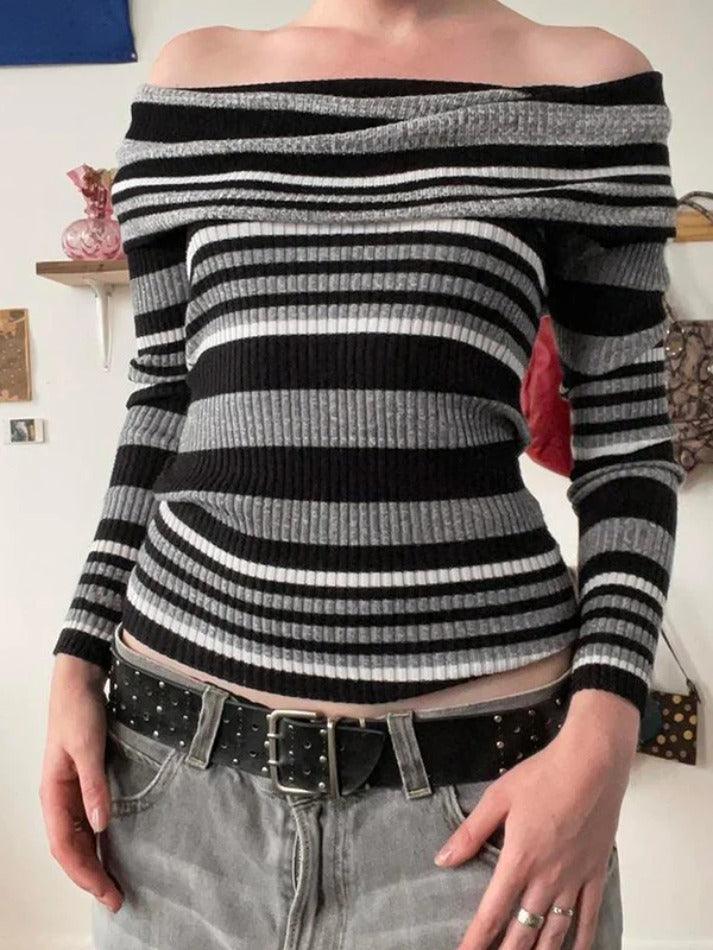 Contrast Color Striped Off Shoulder Slim Sweater - HouseofHalley