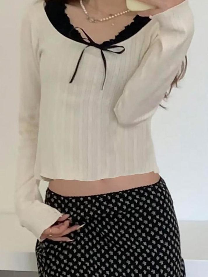 Long Sleeve Mock Two Piece Bow Accent Crop Top - HouseofHalley