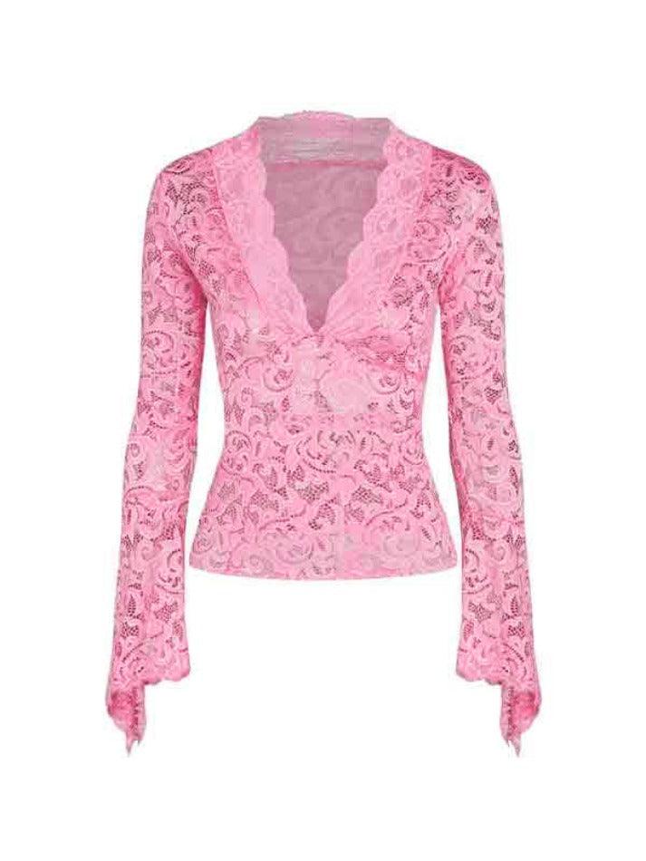 Lace V Neck Slim Flare Design Long Sleeve Shirt