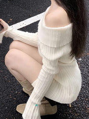 Long Sleeve Off-Shoulder Ribbed-Knit Sweater - HouseofHalley