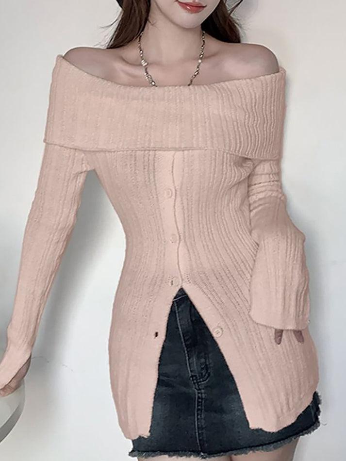 Long Sleeve Off-Shoulder Ribbed-Knit Sweater - HouseofHalley