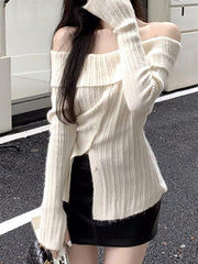 Long Sleeve Off-Shoulder Ribbed-Knit Sweater - HouseofHalley