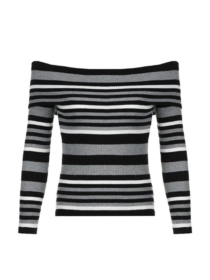 Contrast Color Striped Off Shoulder Slim Sweater