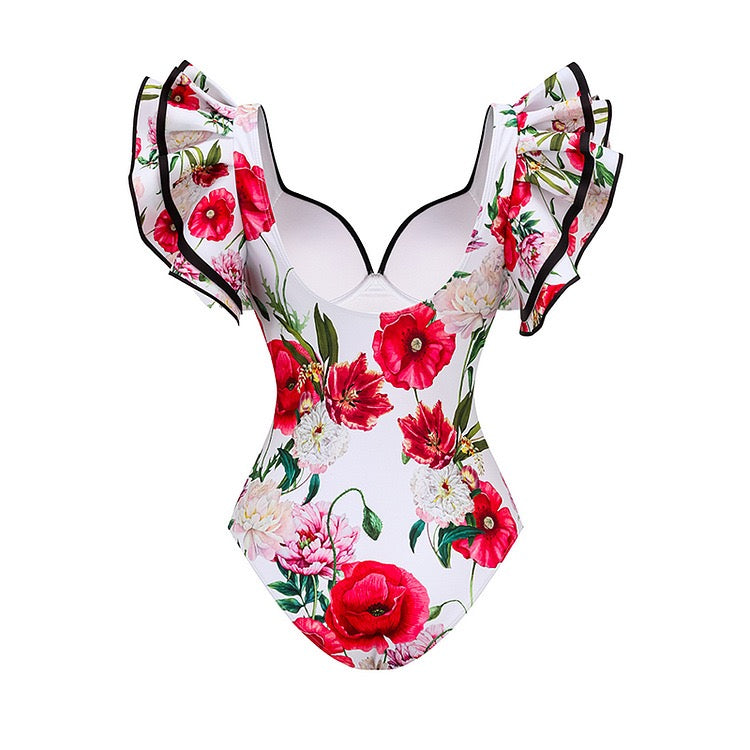 High Cut Ruffled-Sleeve Fruit Monokini