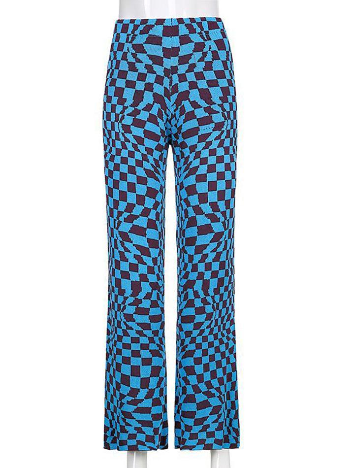 Psychedelic Checkerboard Print Wide-Leg Pants