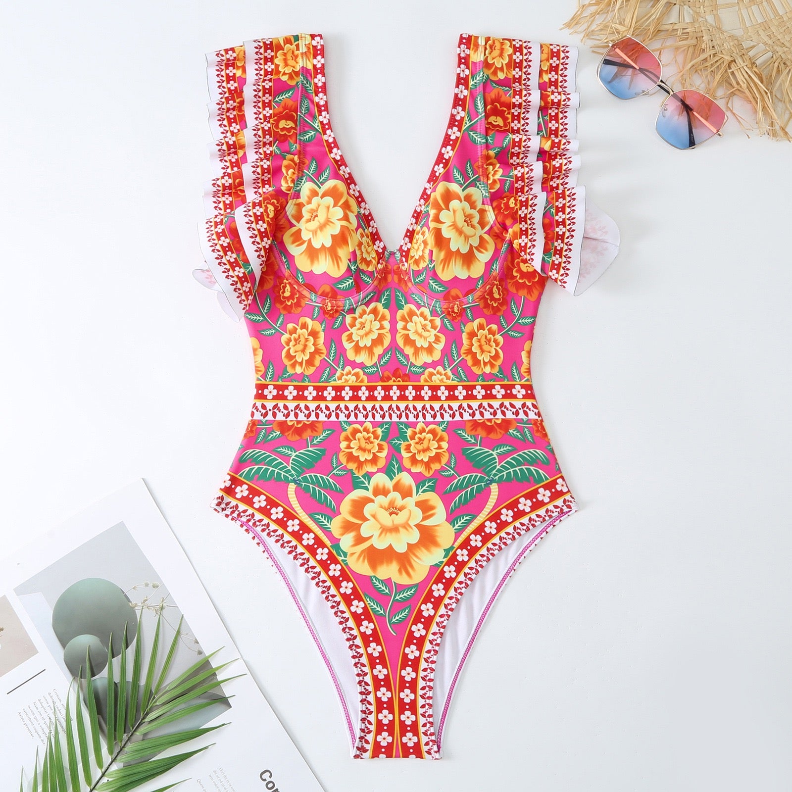 High Cut Ruffled-Sleeve Fruit Monokini