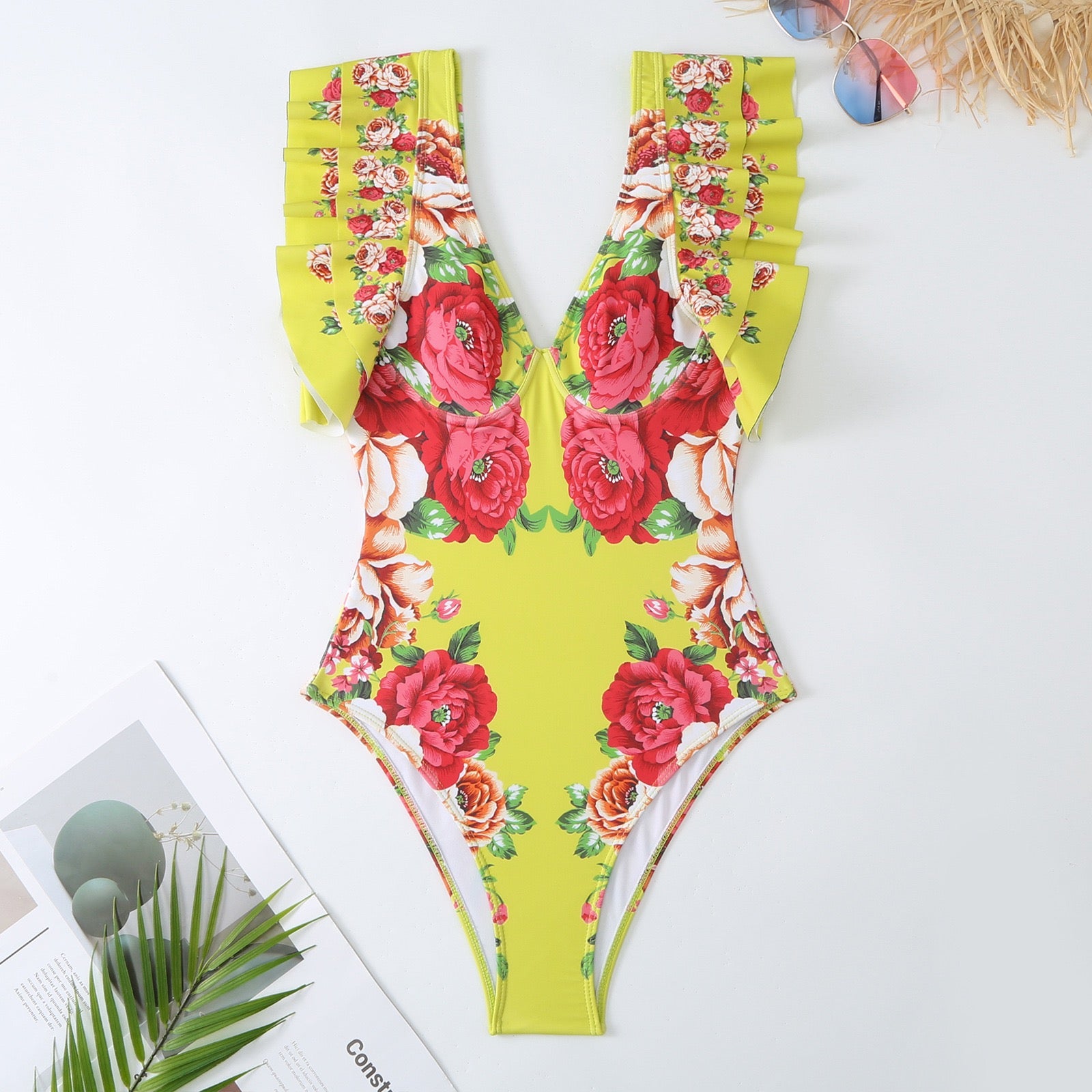 High Cut Ruffled-Sleeve Fruit Monokini