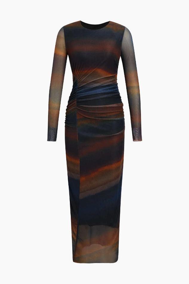 Tie Dye Ruched Detail Mesh Midi Dress - HouseofHalley