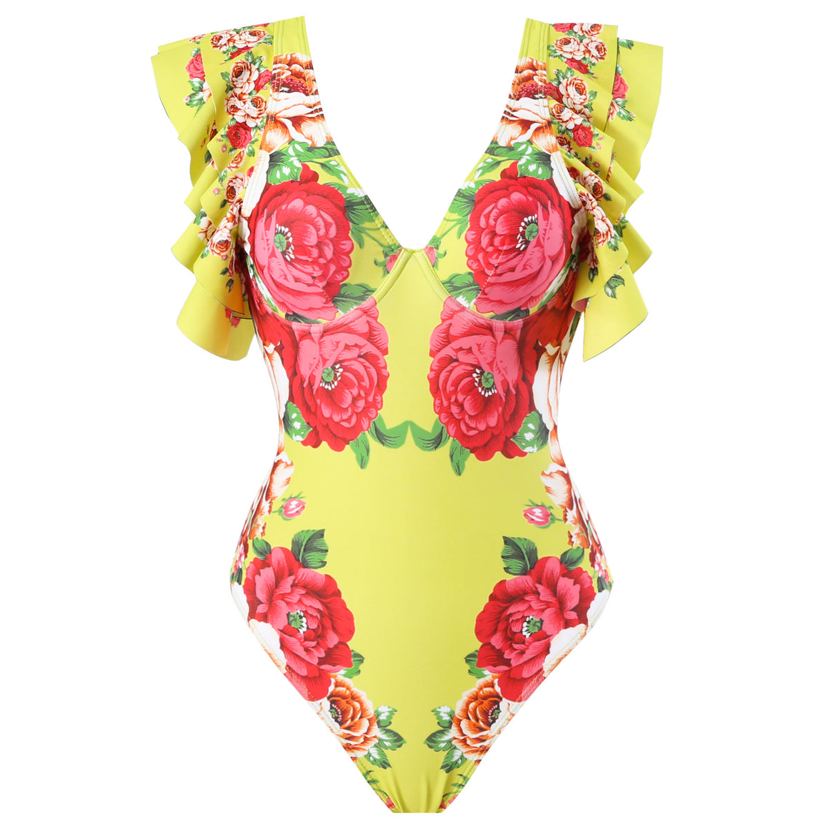 High Cut Ruffled-Sleeve Fruit Monokini