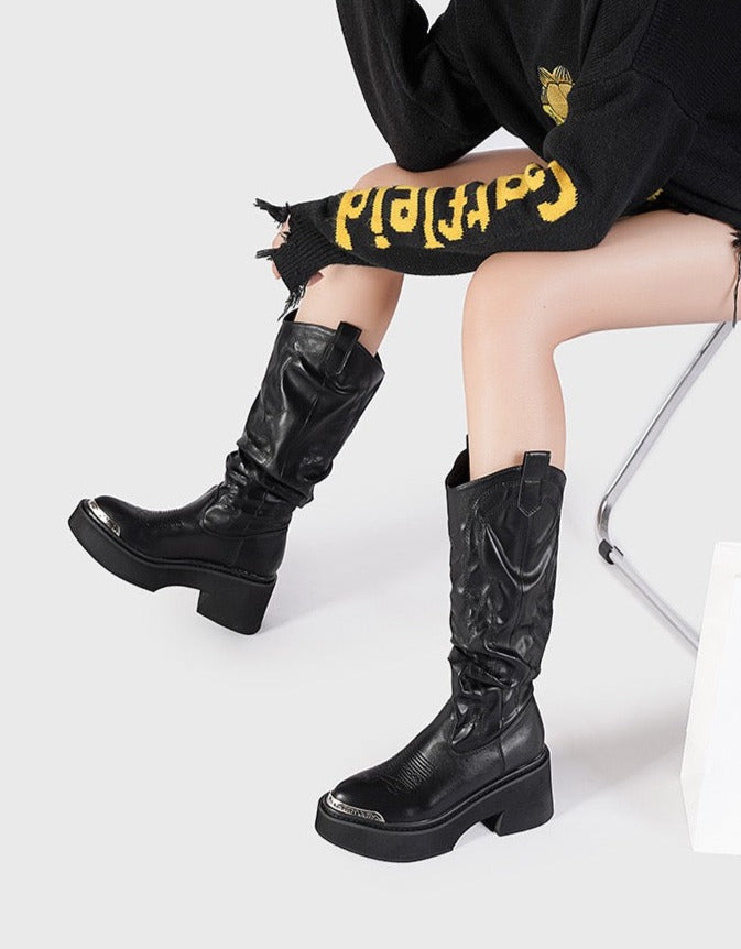 Sable Chunky Heel Leather Boots