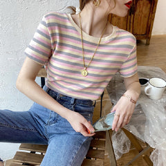 Colored Striped Round Neck T-shirt