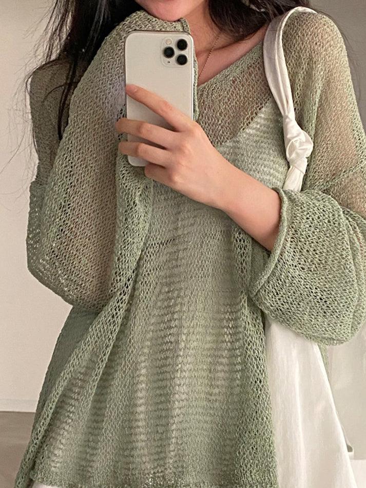 Oversized Long Sleeve Crochet Knit Top