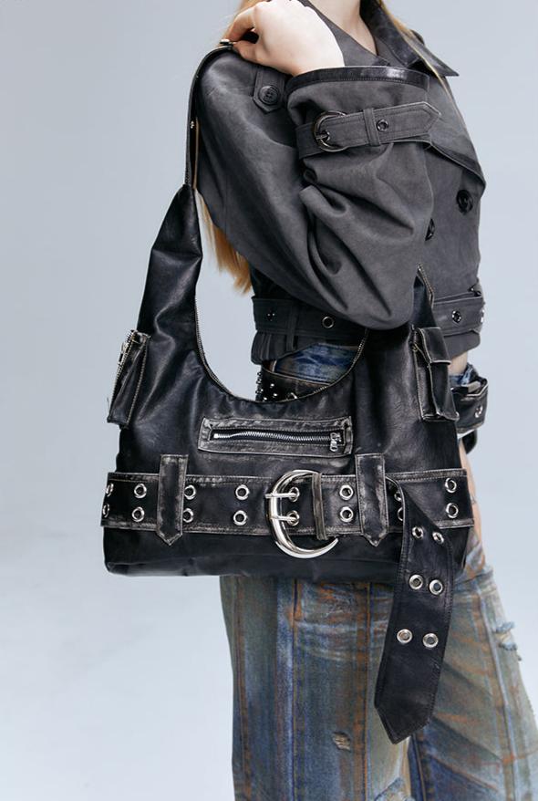 Edgy Retro Buckled Shoulder Bag