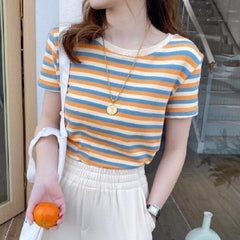 Colored Striped Round Neck T-shirt