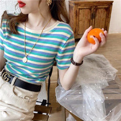 Colored Striped Round Neck T-shirt