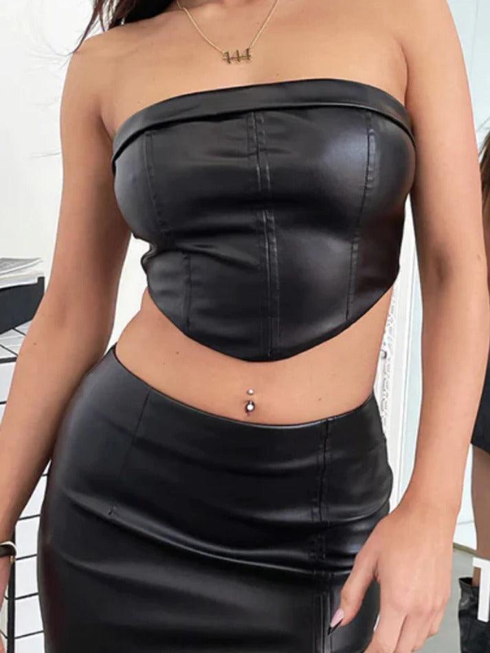 Solid Color Curvy Hem Bandeau Slit Leather Two Piece