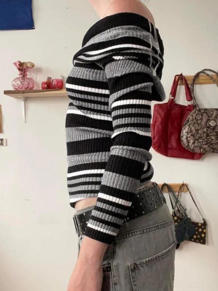 Contrast Color Striped Off Shoulder Slim Sweater - HouseofHalley