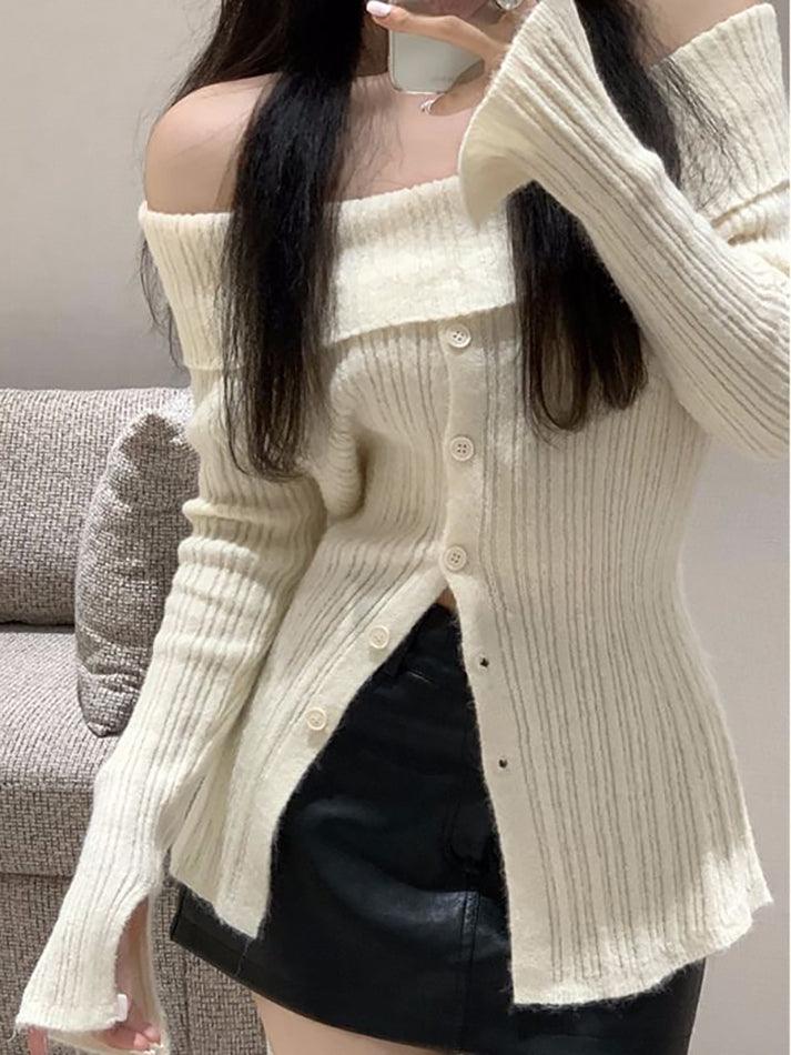 Long Sleeve Off-Shoulder Ribbed-Knit Sweater - HouseofHalley