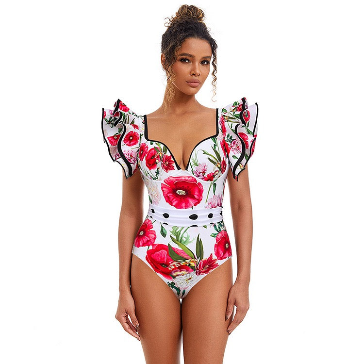 High Cut Ruffled-Sleeve Fruit Monokini