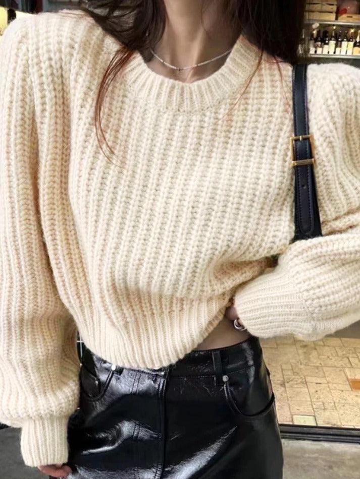 Solid Lantern Sleeve Short Knit Sweater