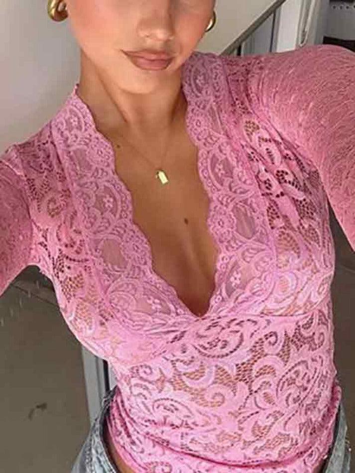 Lace V Neck Slim Flare Design Long Sleeve Shirt