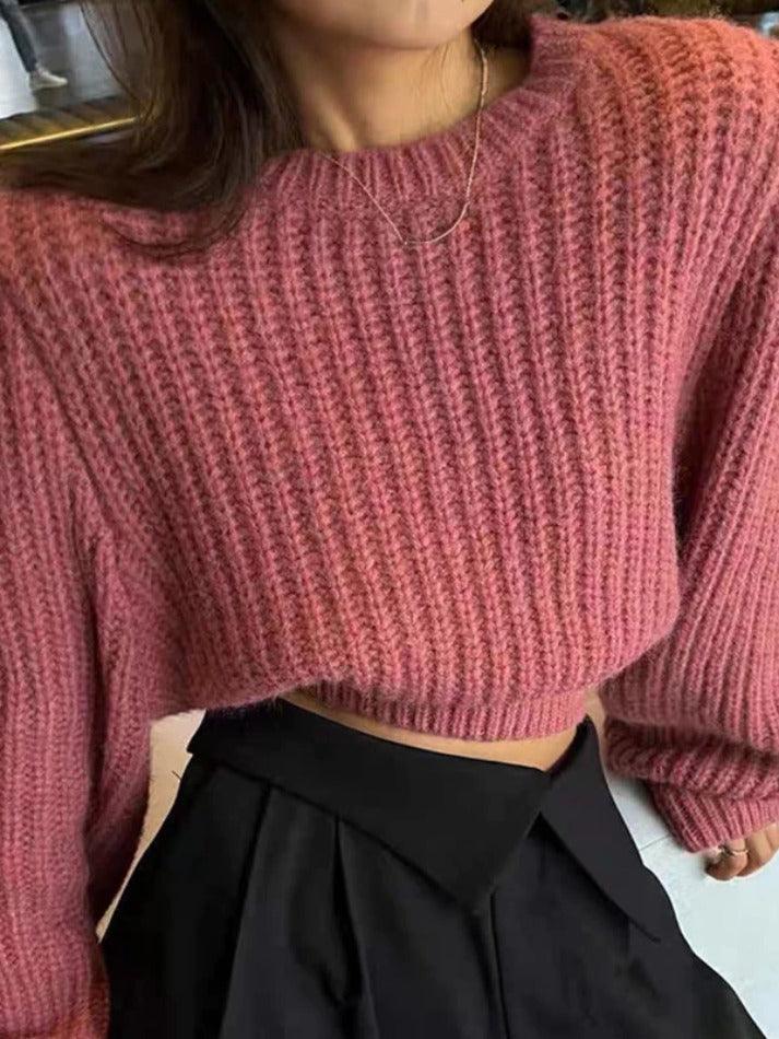 Solid Lantern Sleeve Short Knit Sweater - HouseofHalley