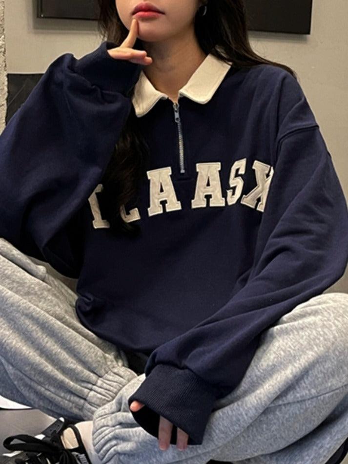 Contrast Color Letter Embroidery Kangaroo Pocket Sweatshirt - HouseofHalley