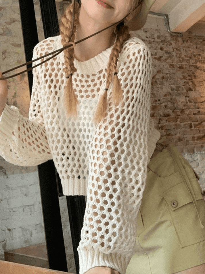 Crochet Knit Y2K Long Sleeve Crop Top