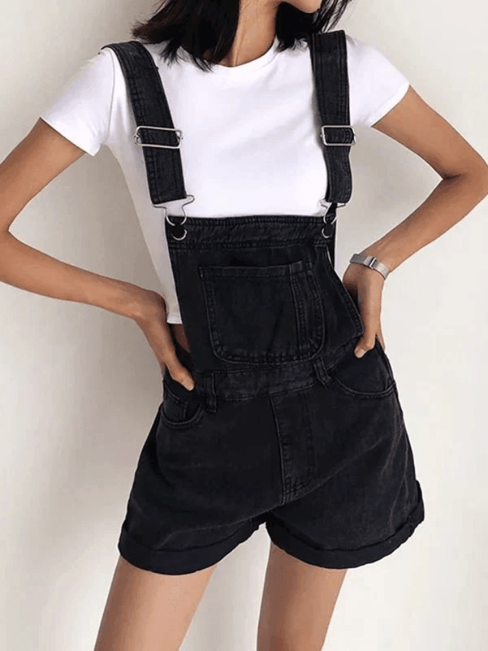 Cuffed High Waist Denim Overall Shorts - HouseofHalley