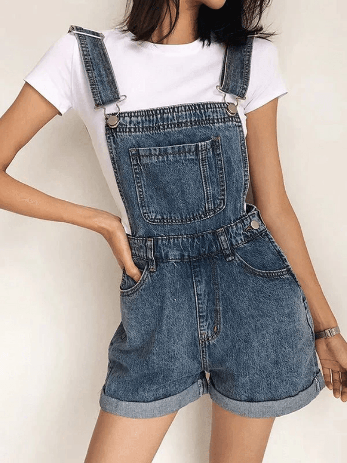 Cuffed High Waist Denim Overall Shorts