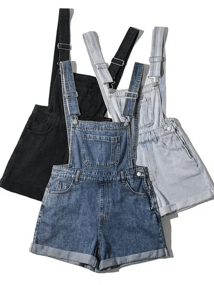 Cuffed High Waist Denim Overall Shorts