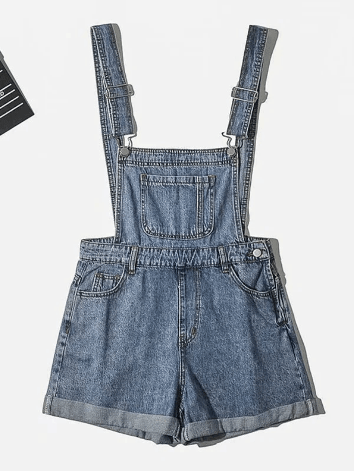 Cuffed High Waist Denim Overall Shorts