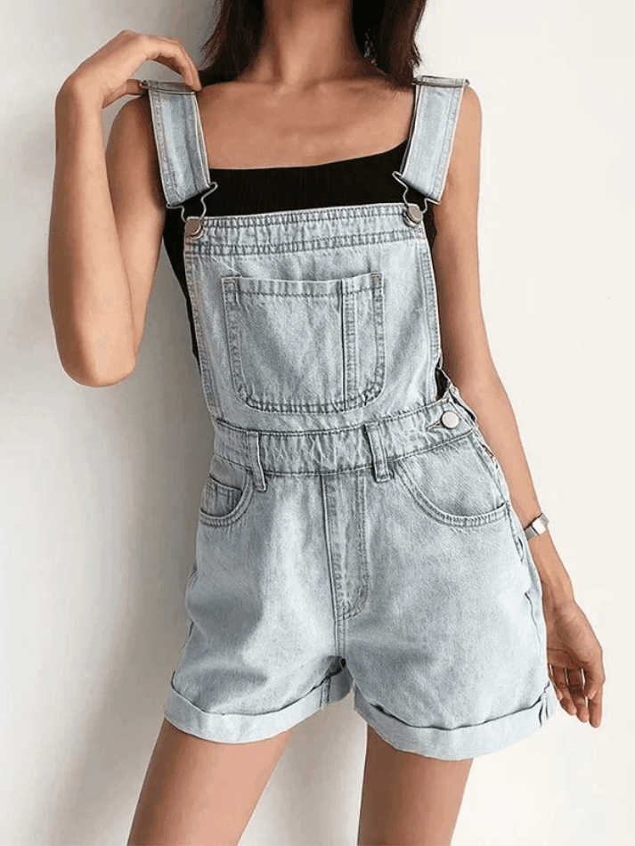 Cuffed High Waist Denim Overall Shorts - HouseofHalley