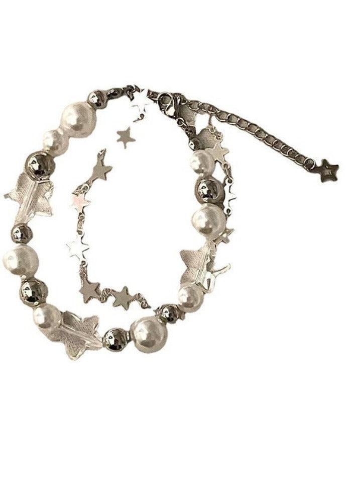 Double Layered Faux Pearl Star Charm Bracelet
