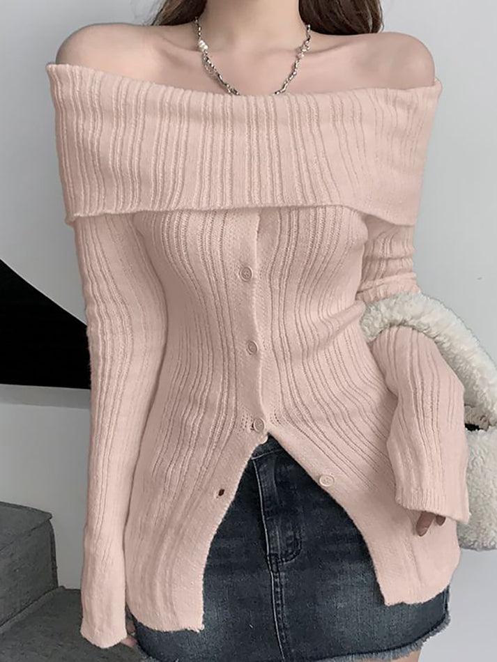 Long Sleeve Off-Shoulder Ribbed-Knit Sweater - HouseofHalley