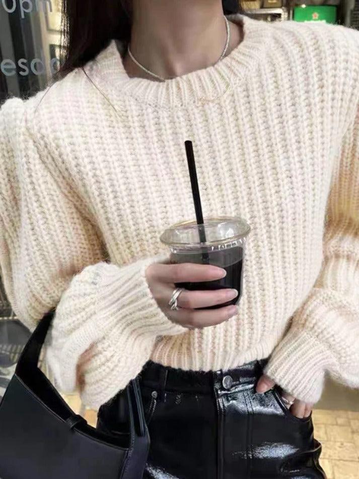 Solid Lantern Sleeve Short Knit Sweater