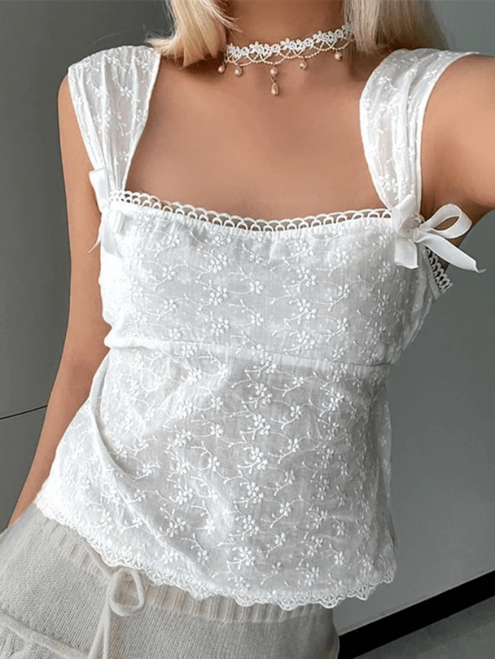 Embroidered Bow Lace Stitching Tank Top - HouseofHalley