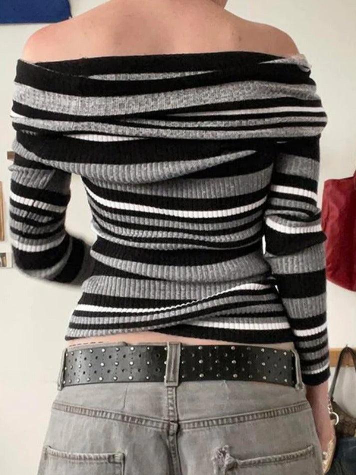 Contrast Color Striped Off Shoulder Slim Sweater - HouseofHalley