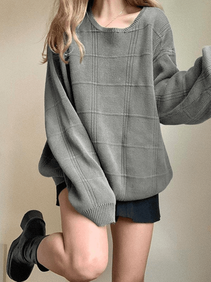 Gray Plaid Pullover Knit Sweater - HouseofHalley