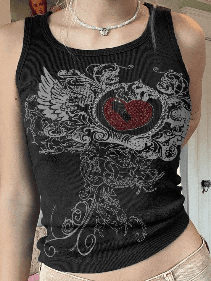 Heart Rhinestone Rib Crop Tank Top - HouseofHalley