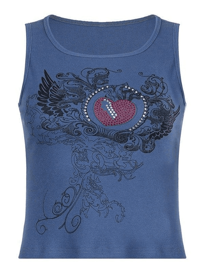 Heart Rhinestone Rib Crop Tank Top - HouseofHalley