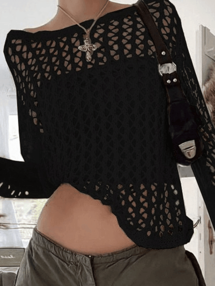 Hollow Out Crochet Long Sleeve Knit Top - HouseofHalley