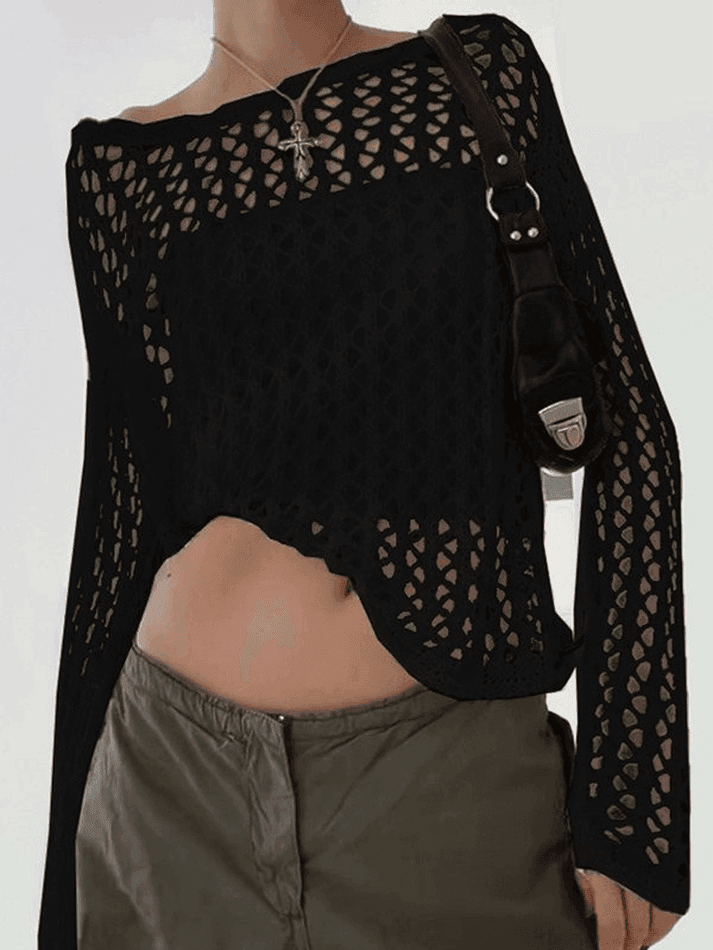 Hollow Out Crochet Long Sleeve Knit Top - HouseofHalley