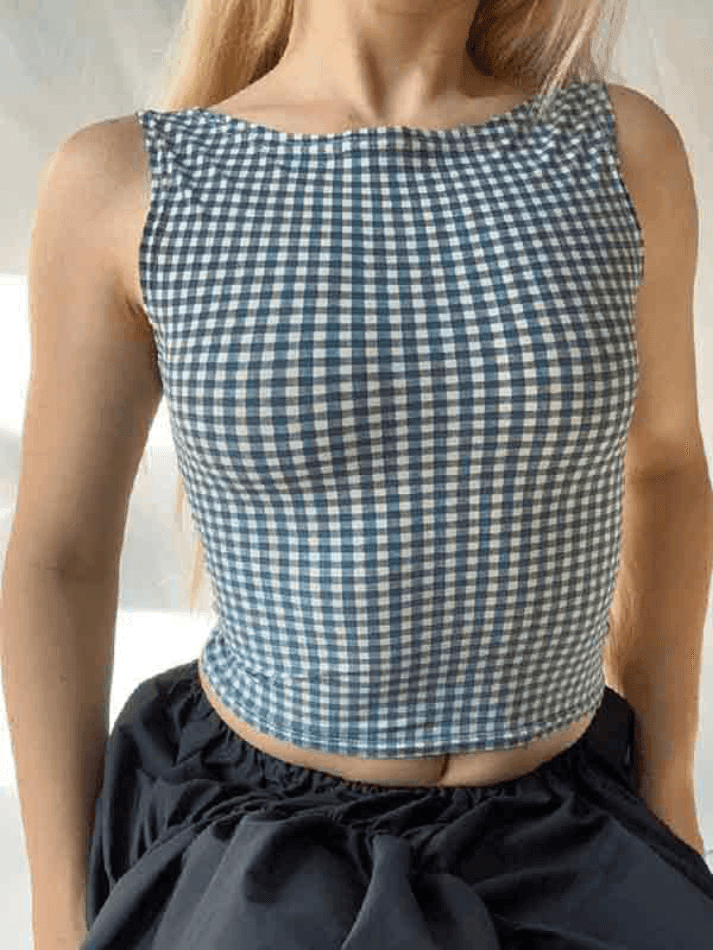 Houndstooth Print Bow Decor Slim Tank Top - HouseofHalley