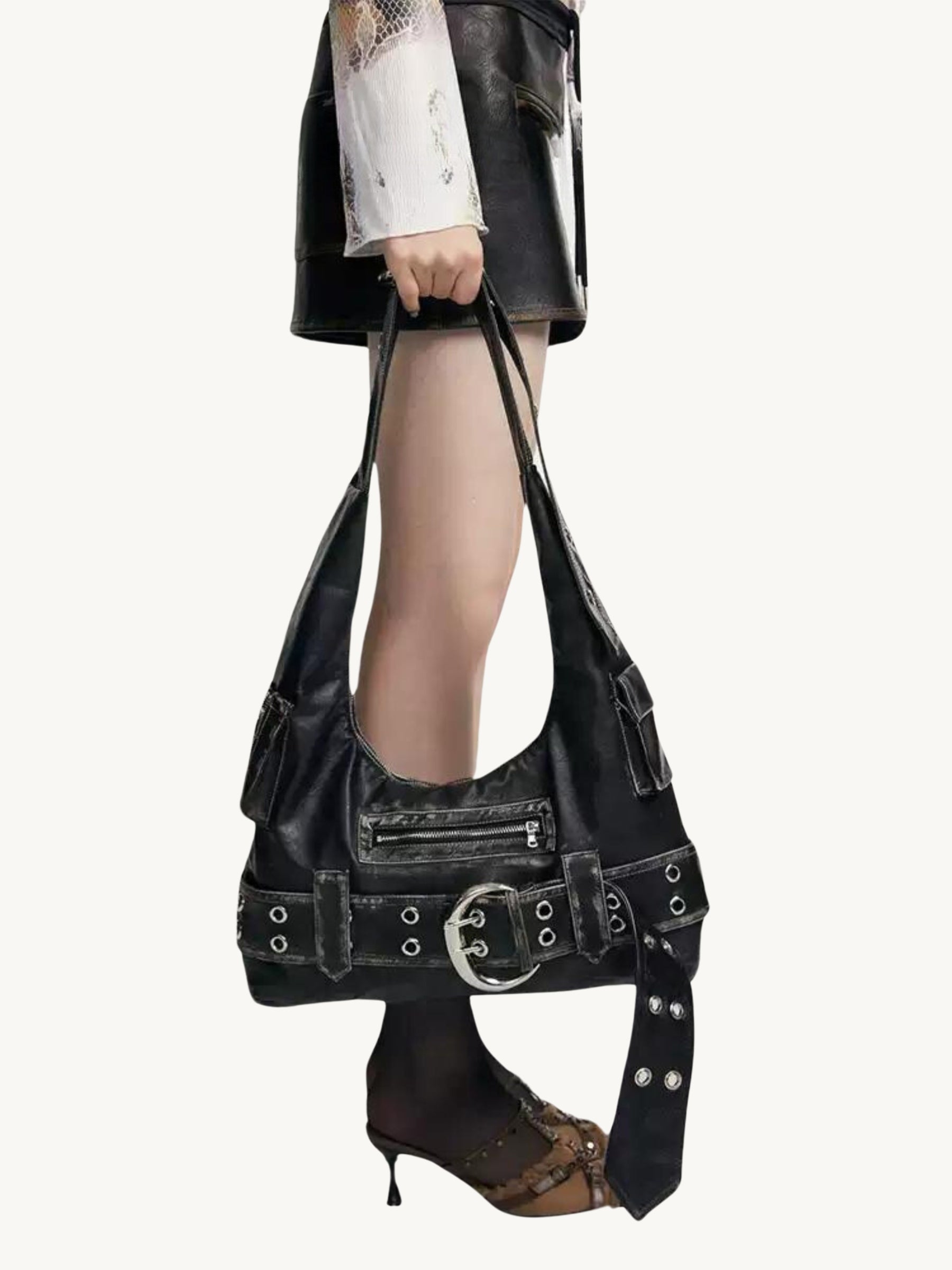 Edgy Retro Buckled Shoulder Bag