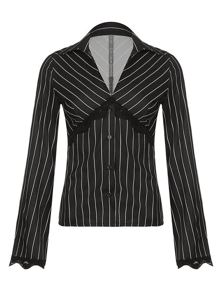 Lace Paneled Long Sleeve Striped Blouse