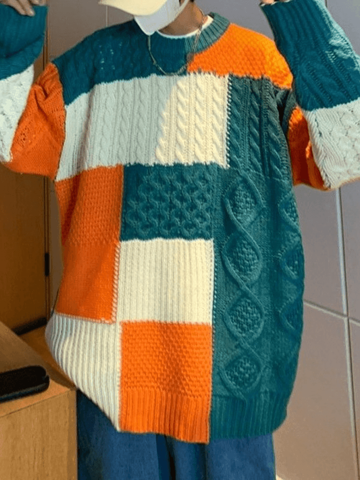 Men's Color Block Cable Knit Sweater