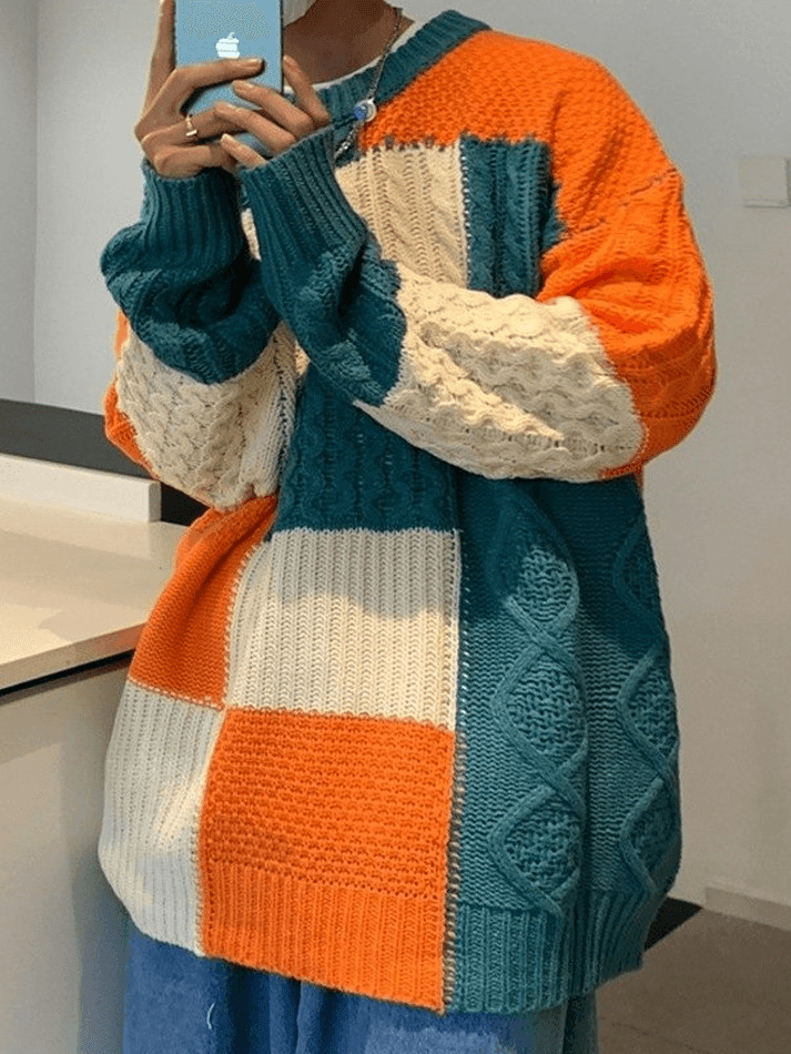 Men's Color Block Cable Knit Sweater